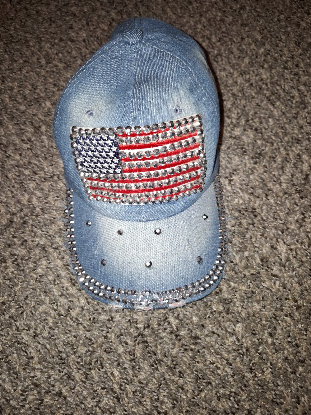 Rhinestone American Flag Denim Cap - Light Blue
